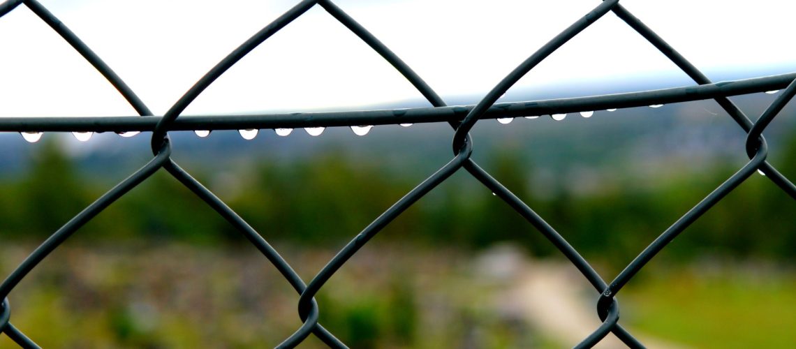 chain link fence wet from rain